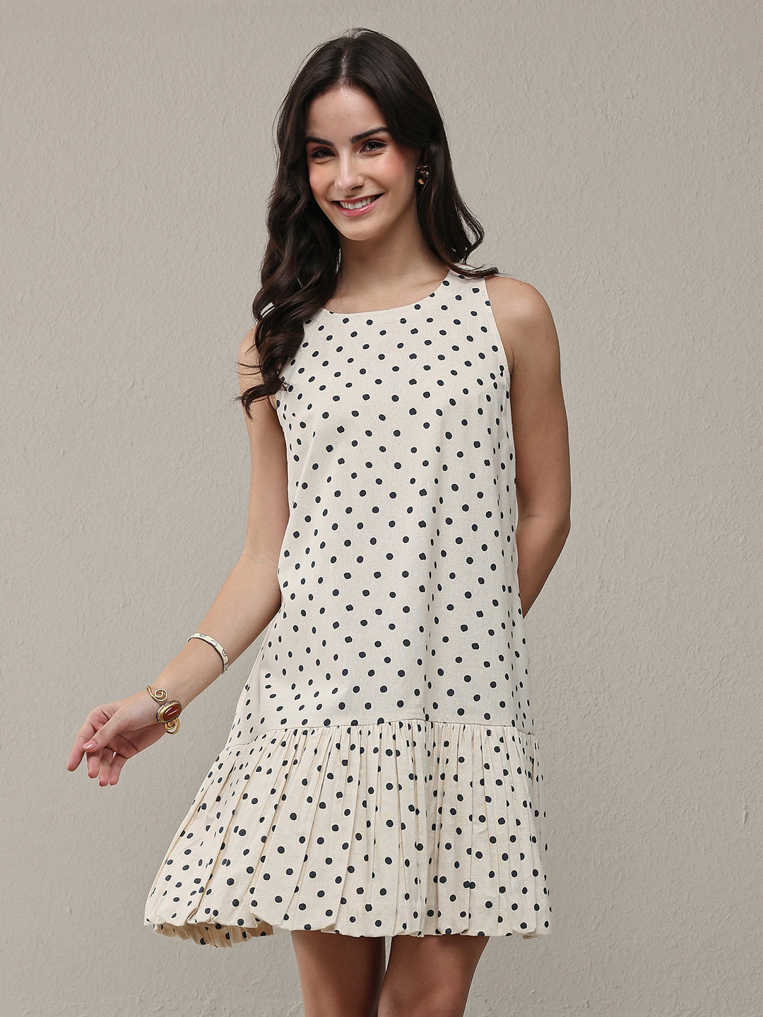  Off White Polka Dot Printed Cotton Drop Waist Dress 