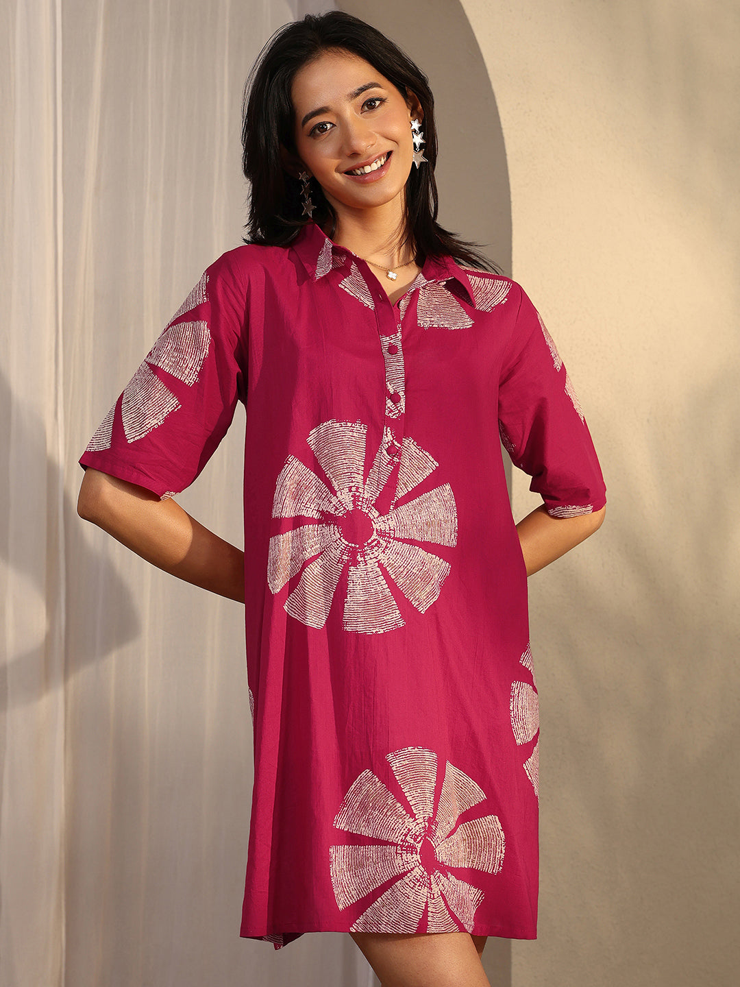 Pink Printed Cotton A-Line One Piece Dress