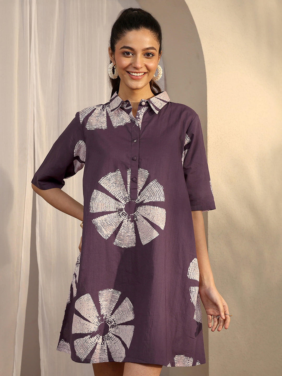 Purple Printed Cotton A-Line One Piece Dress-image-8