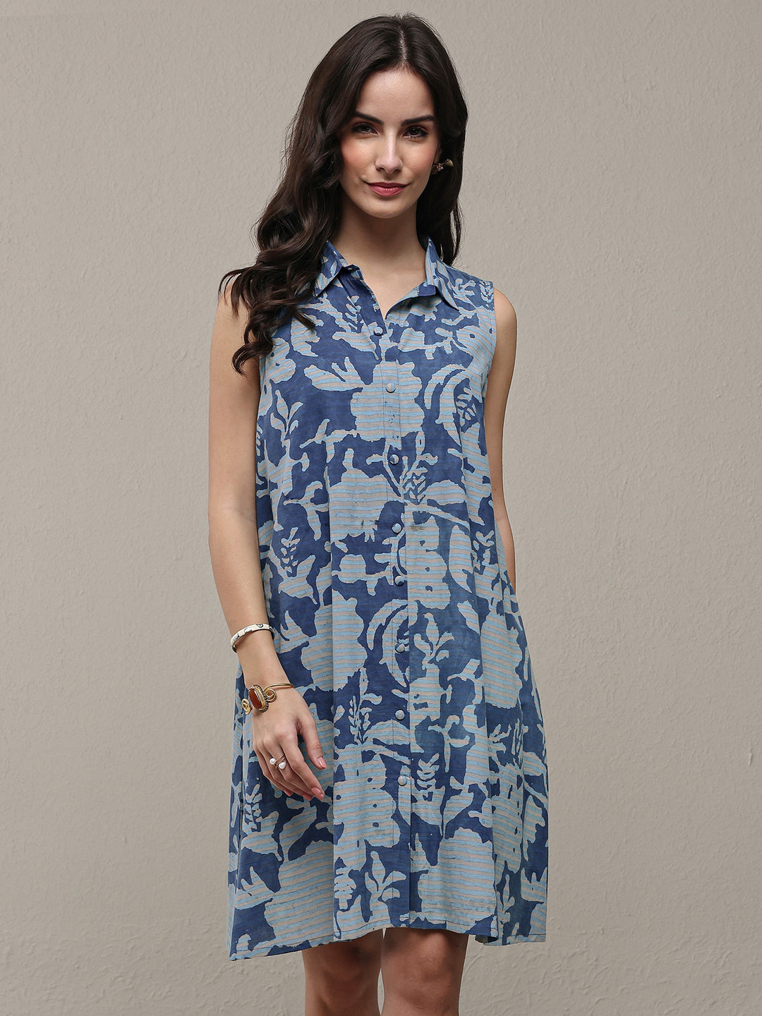  Blue Floral Printed Cotton A-Line Shirt Style Dress 
