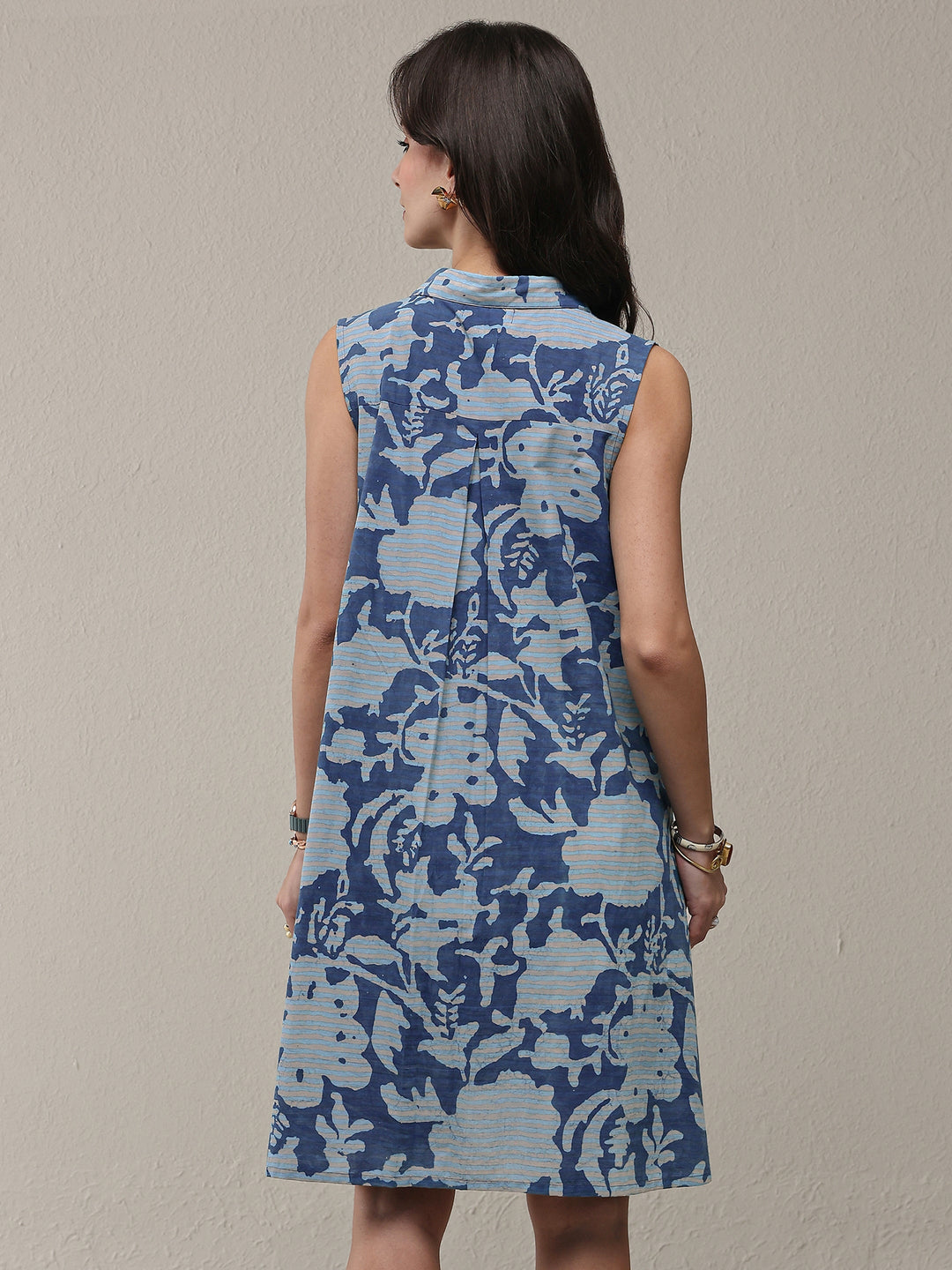  Blue Floral Printed Cotton A-Line Shirt Style Dress 