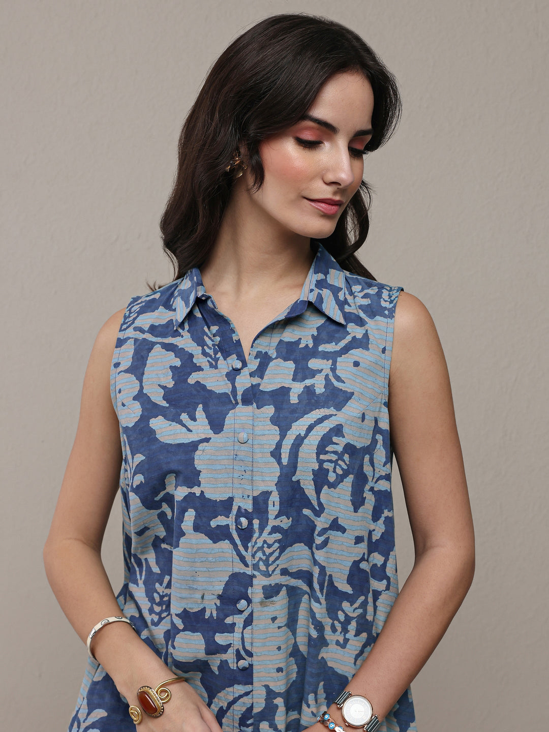  Blue Floral Printed Cotton A-Line Shirt Style Dress 