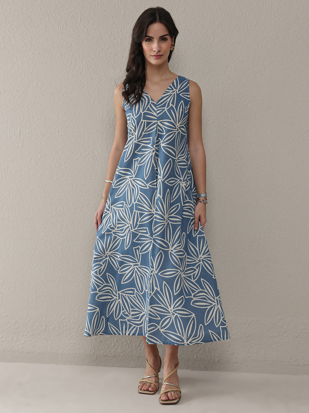  Blue Floral Printed Cotton A-Line One Piece Dress 