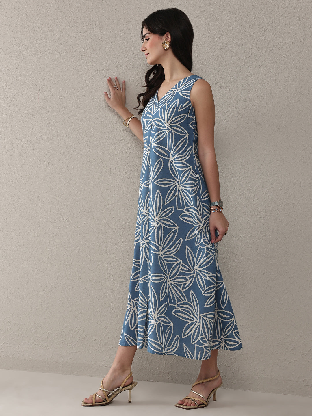  Blue Floral Printed Cotton A-Line One Piece Dress 