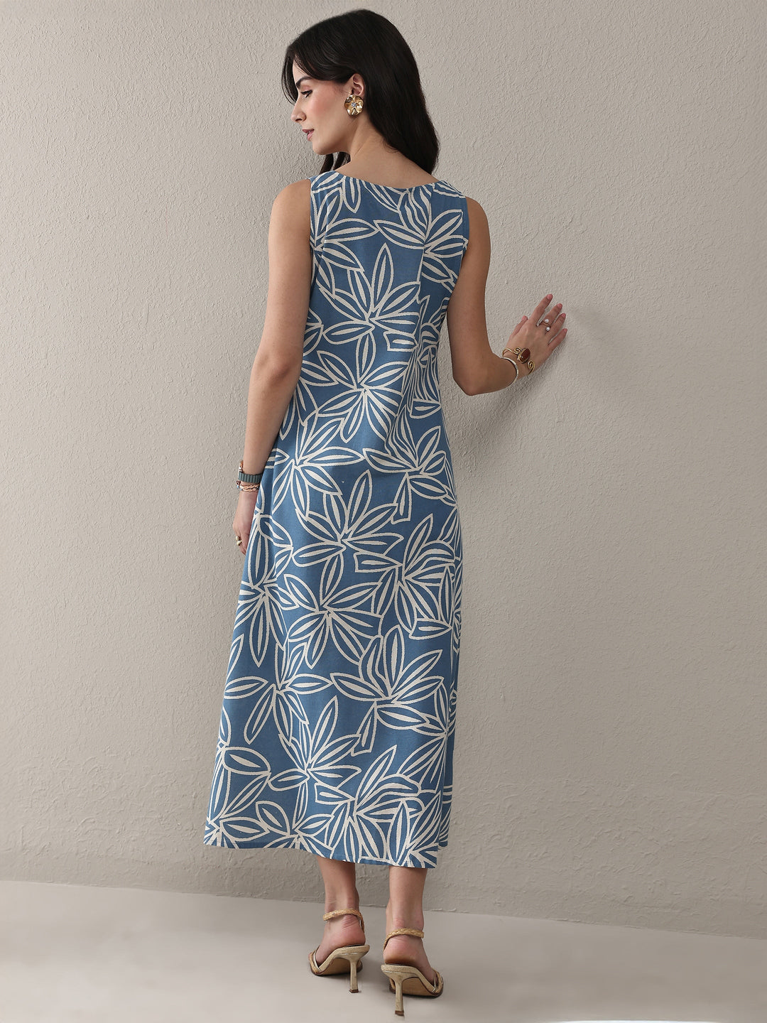  Blue Floral Printed Cotton A-Line One Piece Dress 