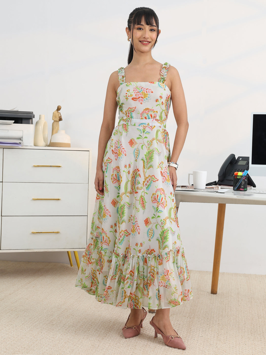  Off White Printed Chiffon Fit and Flare One Piece Dress 