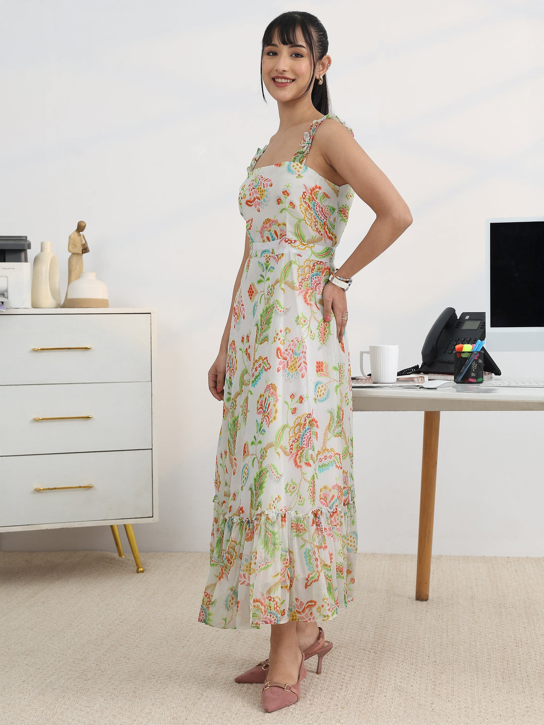  Off White Printed Chiffon Fit and Flare One Piece Dress 