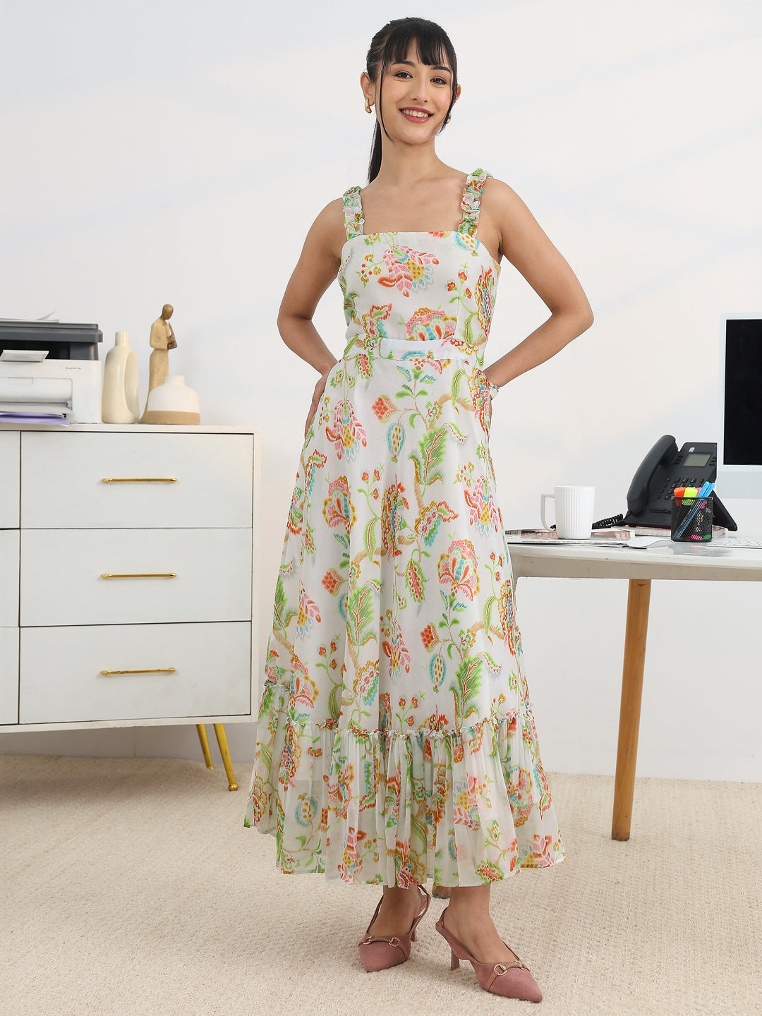  Off White Printed Chiffon Fit and Flare One Piece Dress 