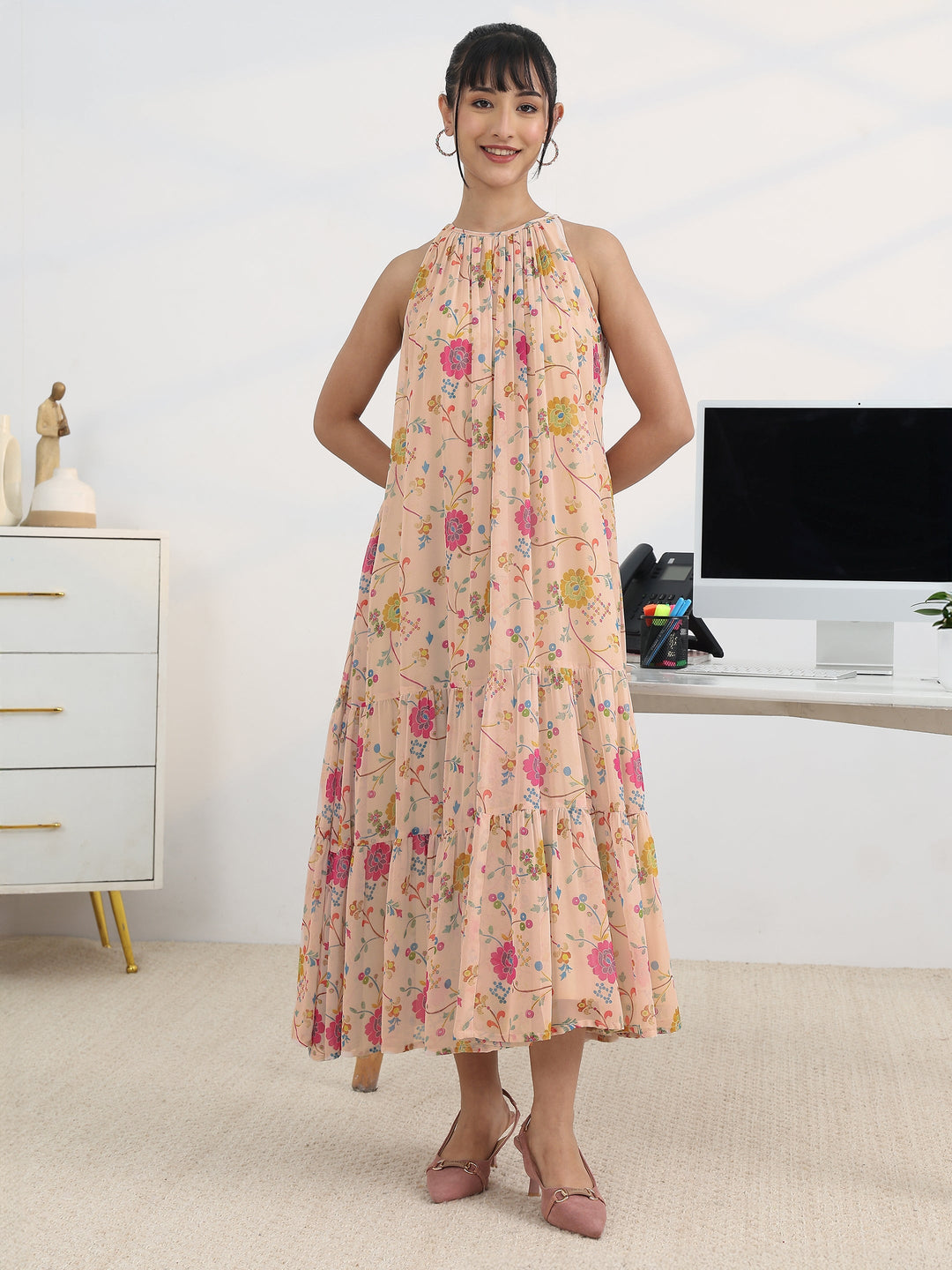  Multi Printed Georgette A-line One Piece Dress 