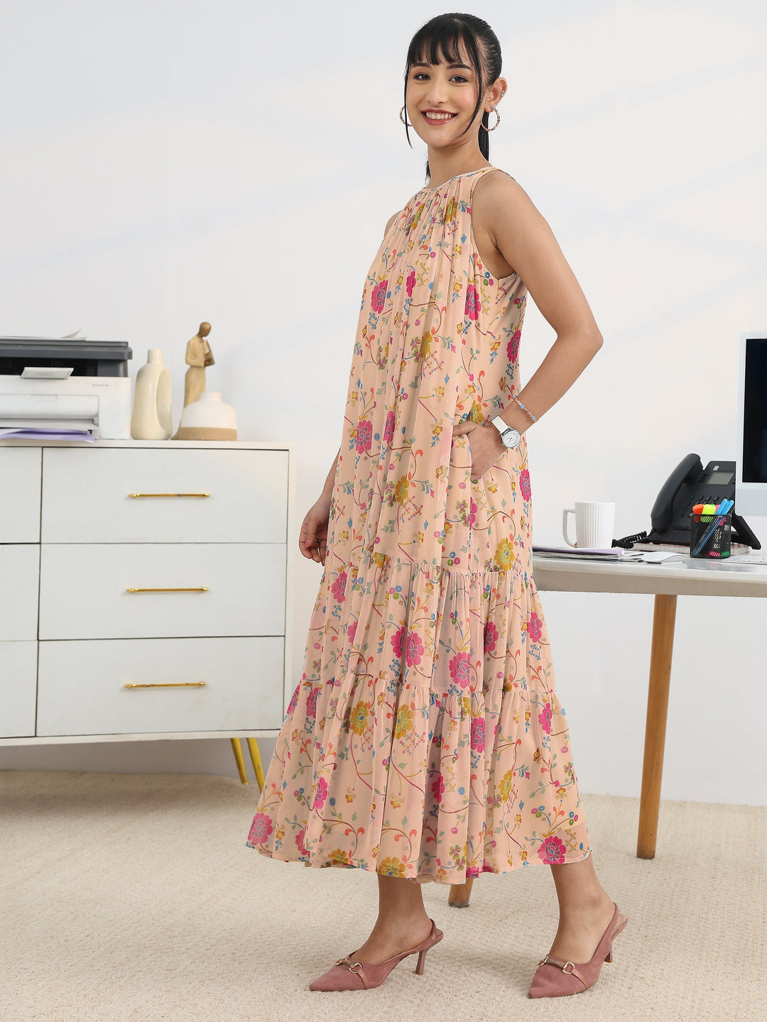  Multi Printed Georgette A-line One Piece Dress 