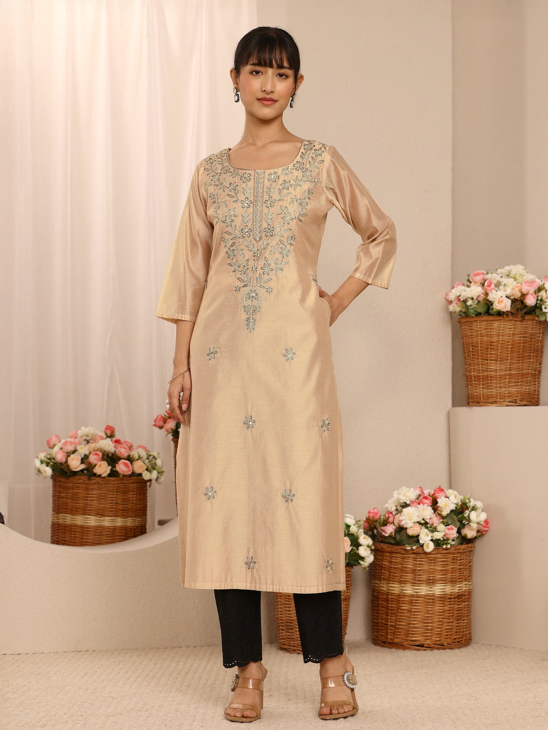  Beige Floral Embroidered Chanderi Silk Straight Kurta 