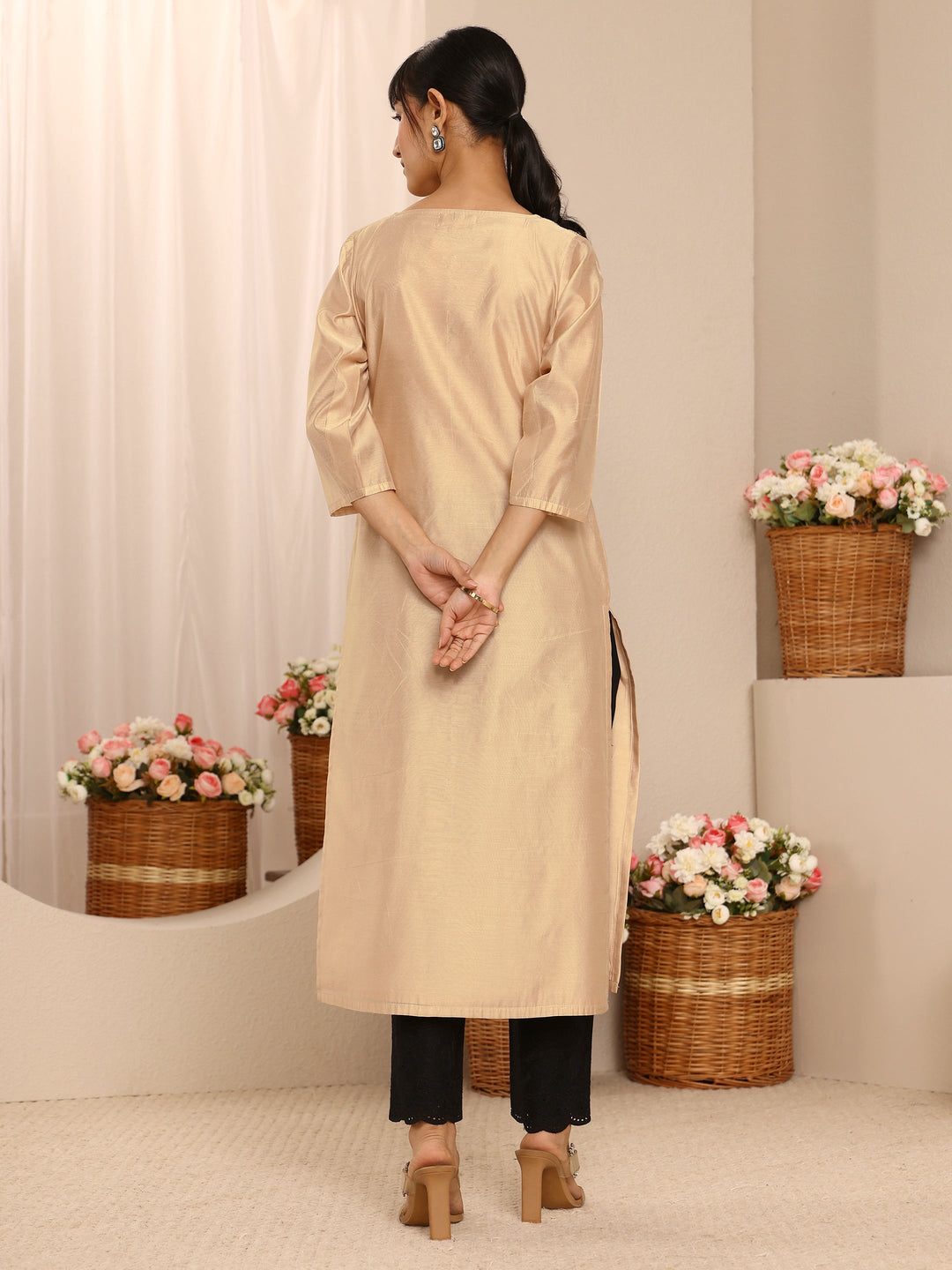  Beige Floral Embroidered Chanderi Silk Straight Kurta 