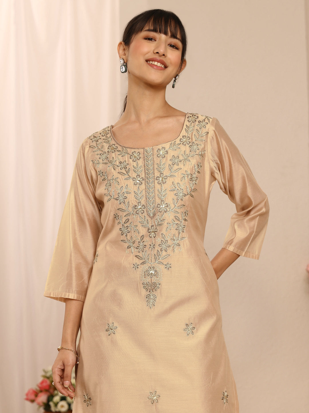  Beige Floral Embroidered Chanderi Silk Straight Kurta 