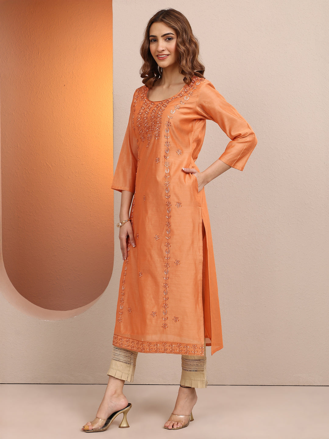  Peach Embroidered Chanderi Silk Straight Kurta 