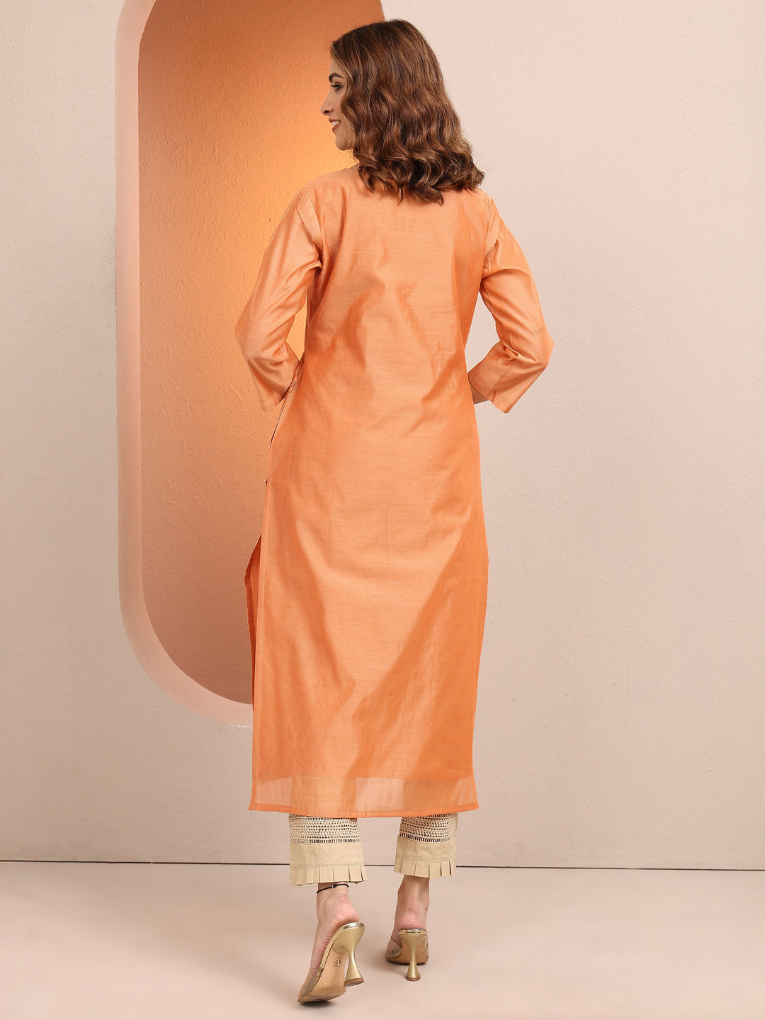  Peach Embroidered Chanderi Silk Straight Kurta 