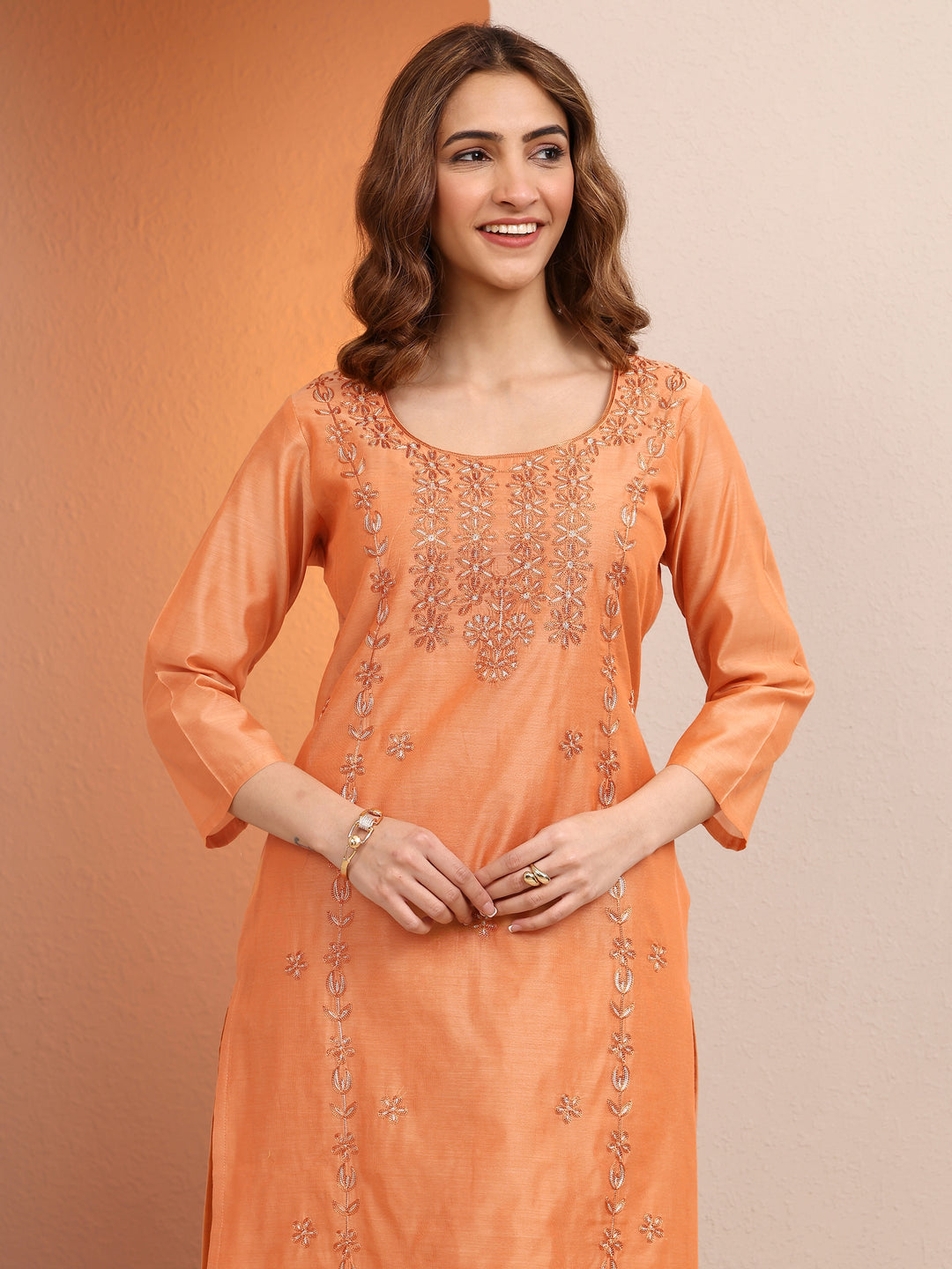  Peach Embroidered Chanderi Silk Straight Kurta 