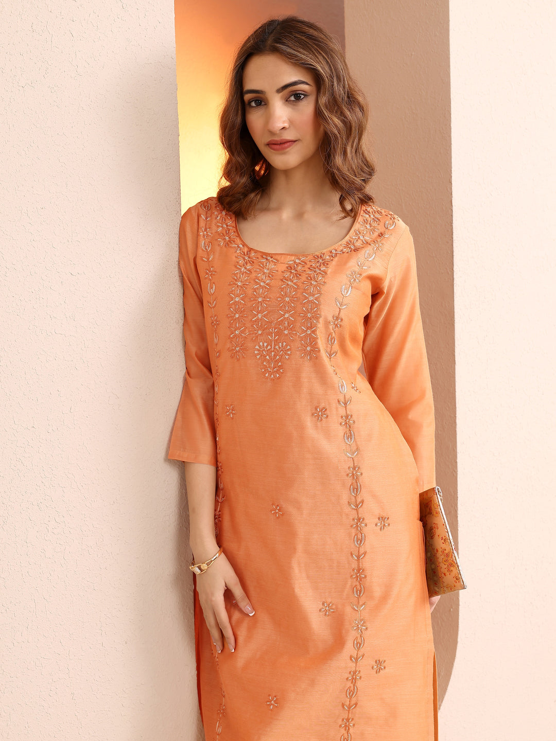  Peach Embroidered Chanderi Silk Straight Kurta 