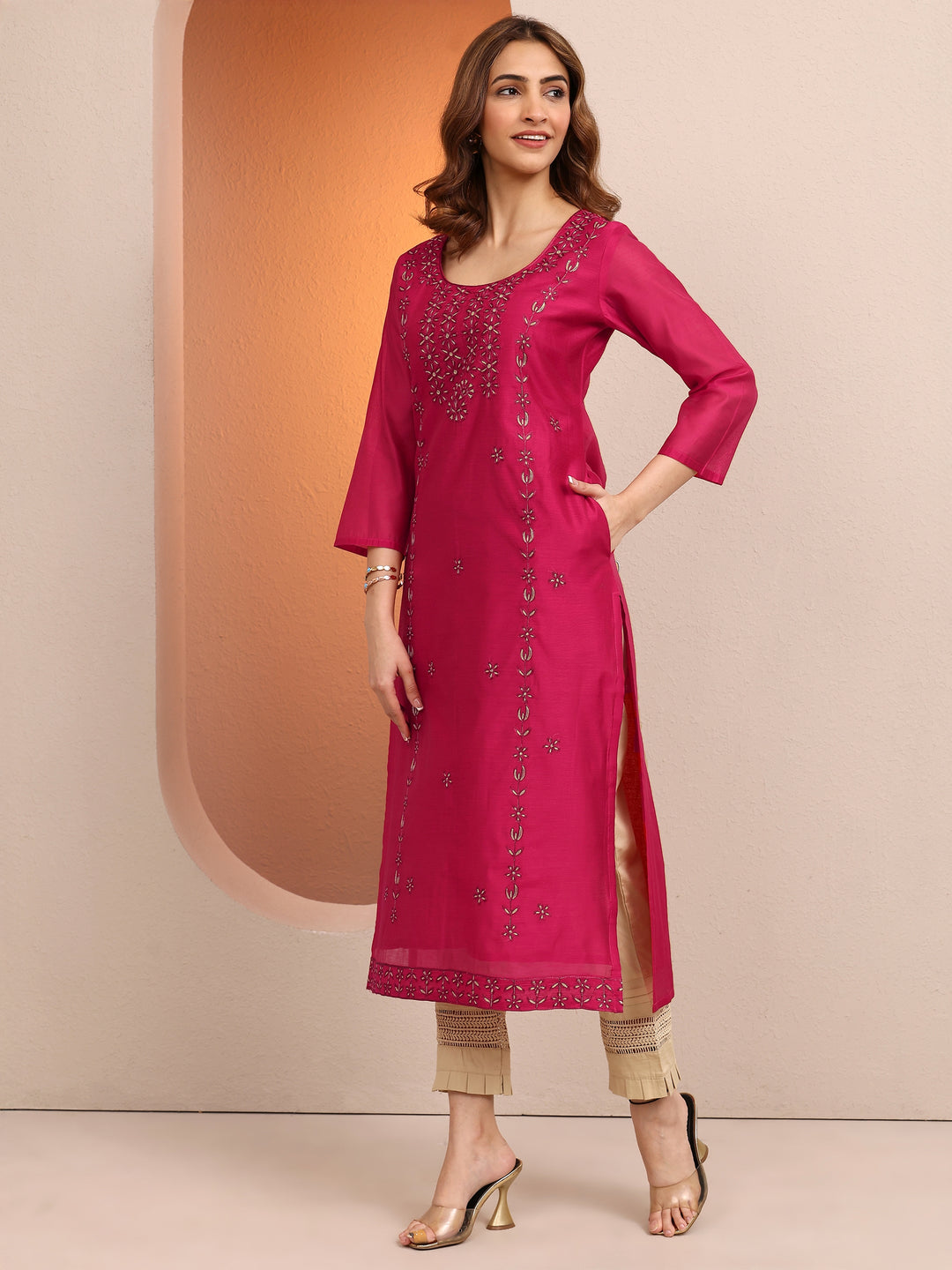  Pink Embroidered Chanderi Silk Straight Kurta 