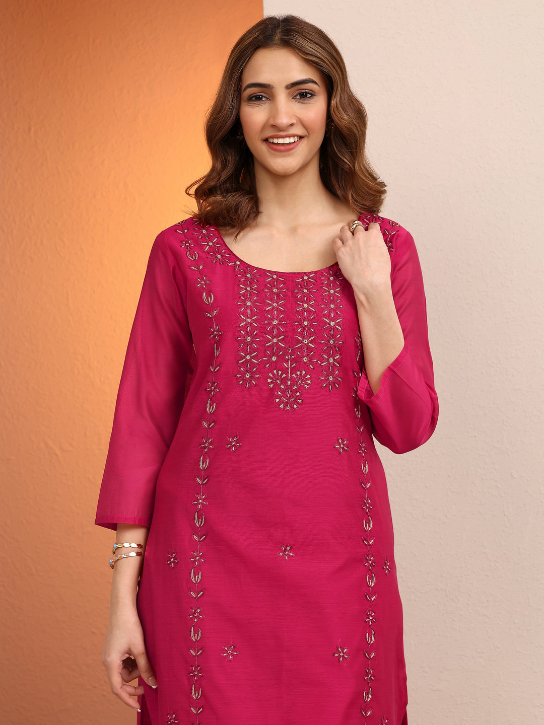  Pink Embroidered Chanderi Silk Straight Kurta 