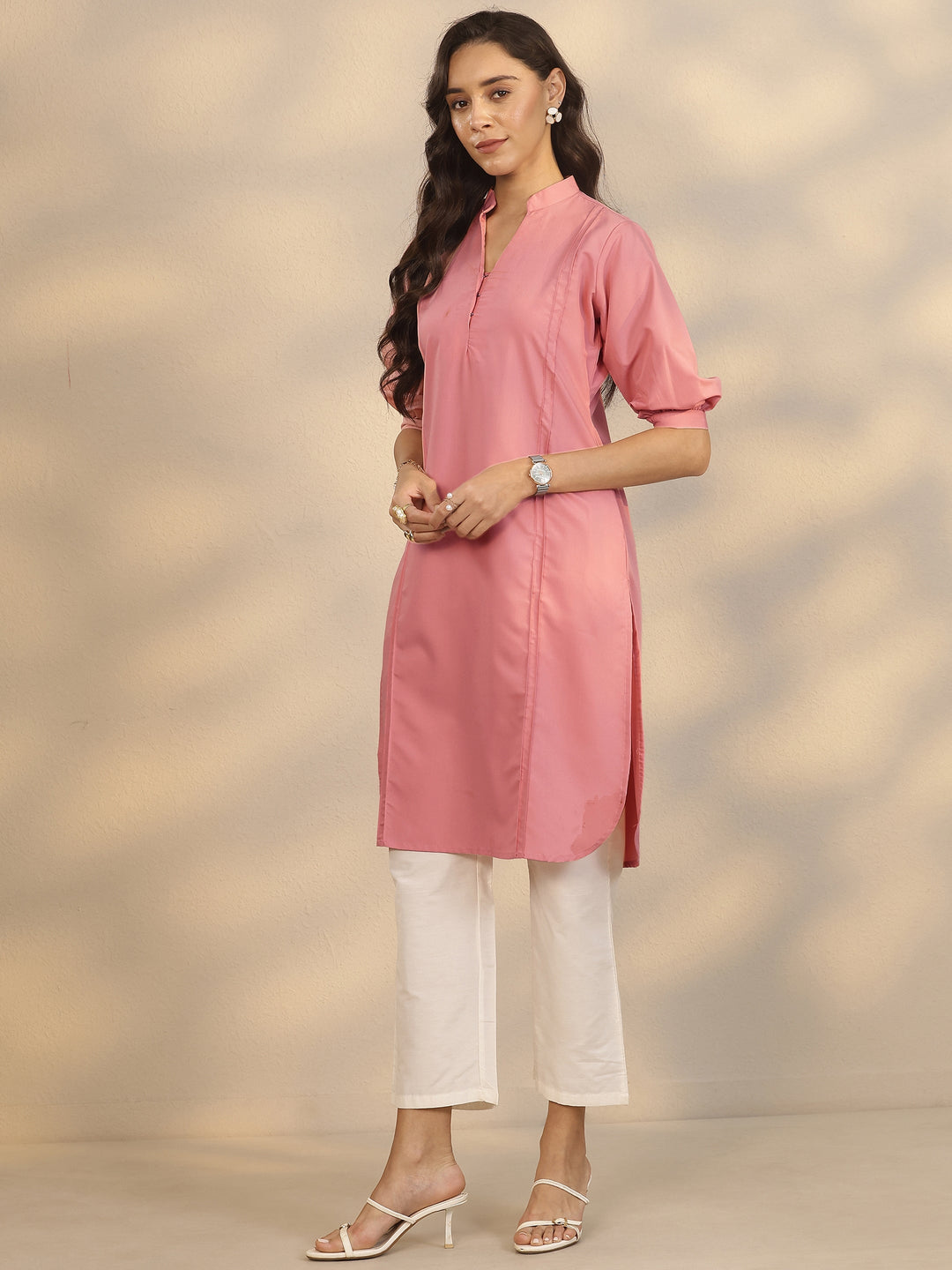  Peach Solid Crepe Straight Kurta 