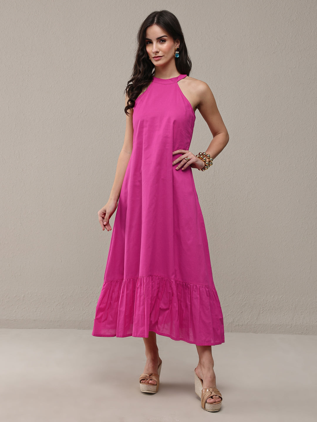  Pink Solid Cotton A-Line Drop Waist Dress 