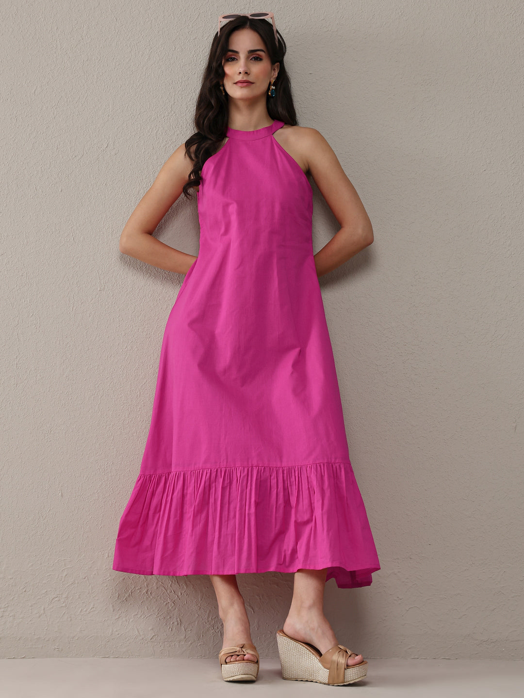  Pink Solid Cotton A-Line Drop Waist Dress 