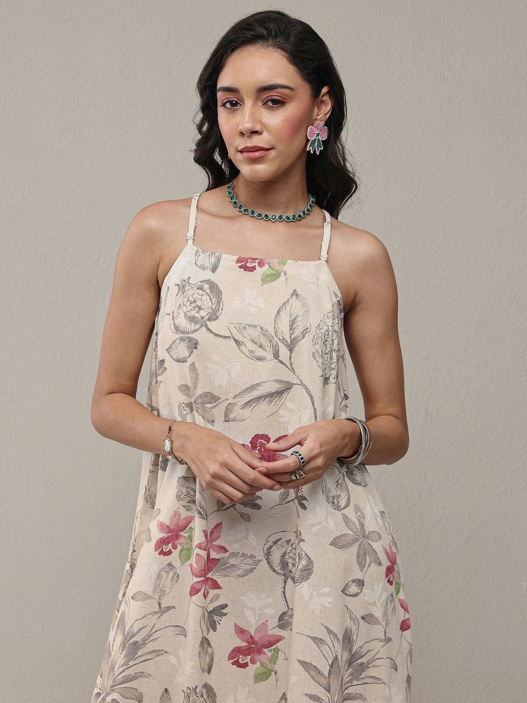  Off White Floral Printed Cotton A-Line Drop Waist Dress 