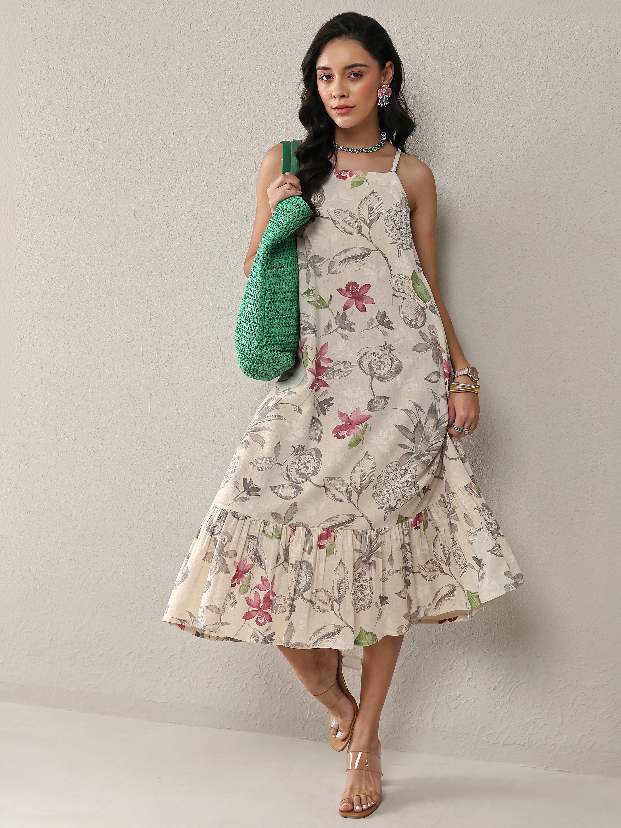 Libas Off White Floral Printed Cotton A-Line Drop Waist Dress-picture-31