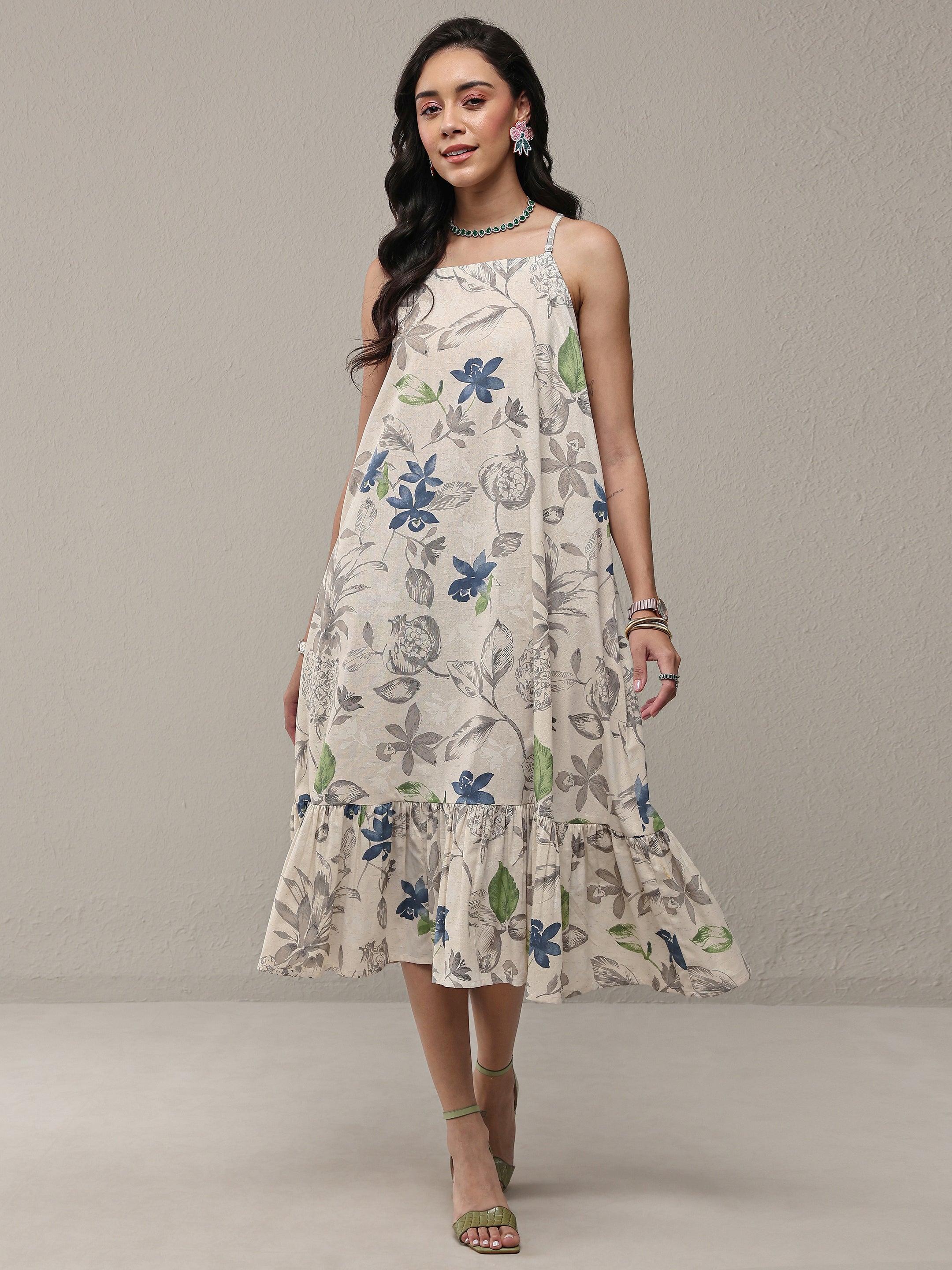 Libas Off White Floral Printed Cotton A-Line Drop Waist Dress-picture-13