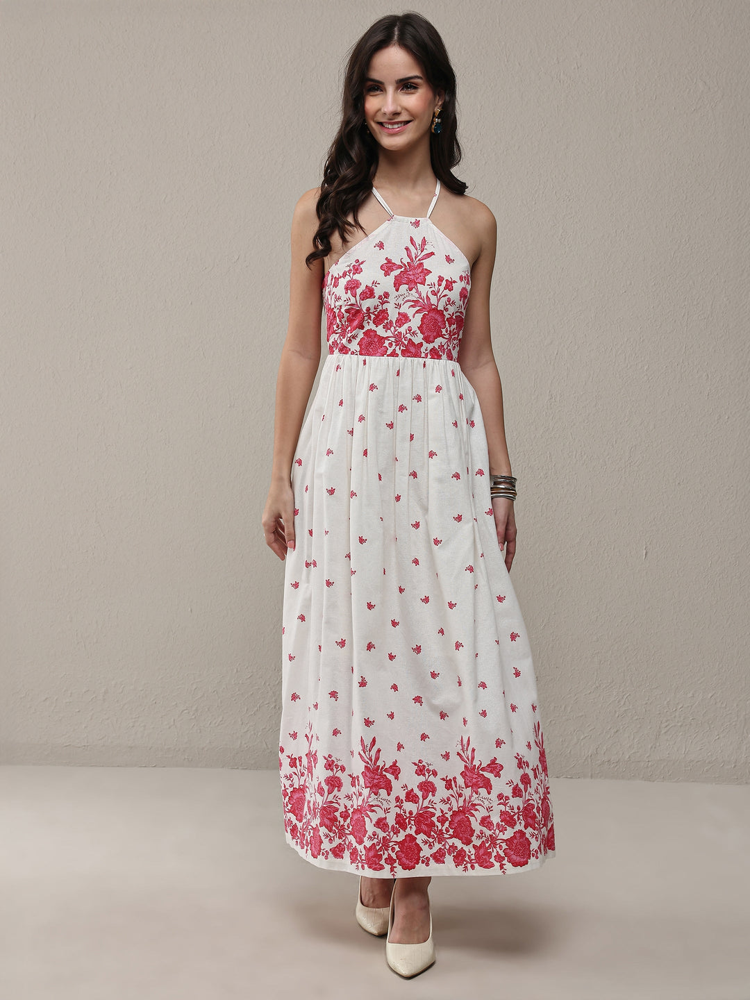  White Floral Printed Cotton Fit-And-Flare One Piece Dress 