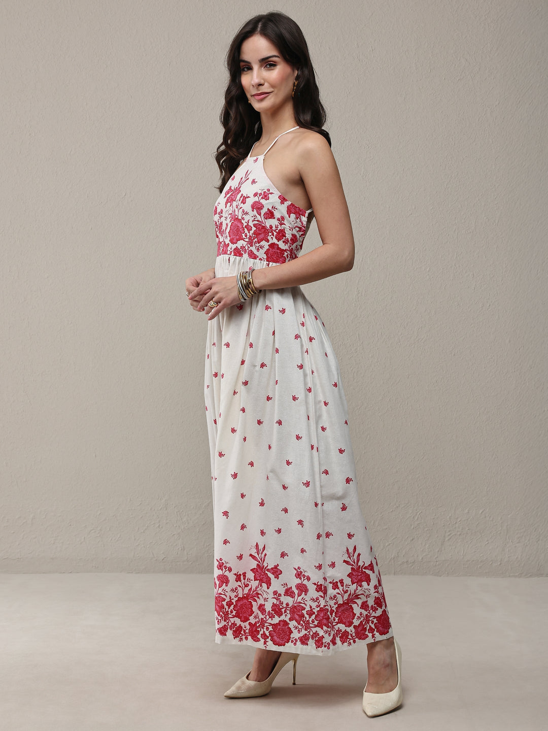  White Floral Printed Cotton Fit-And-Flare One Piece Dress 