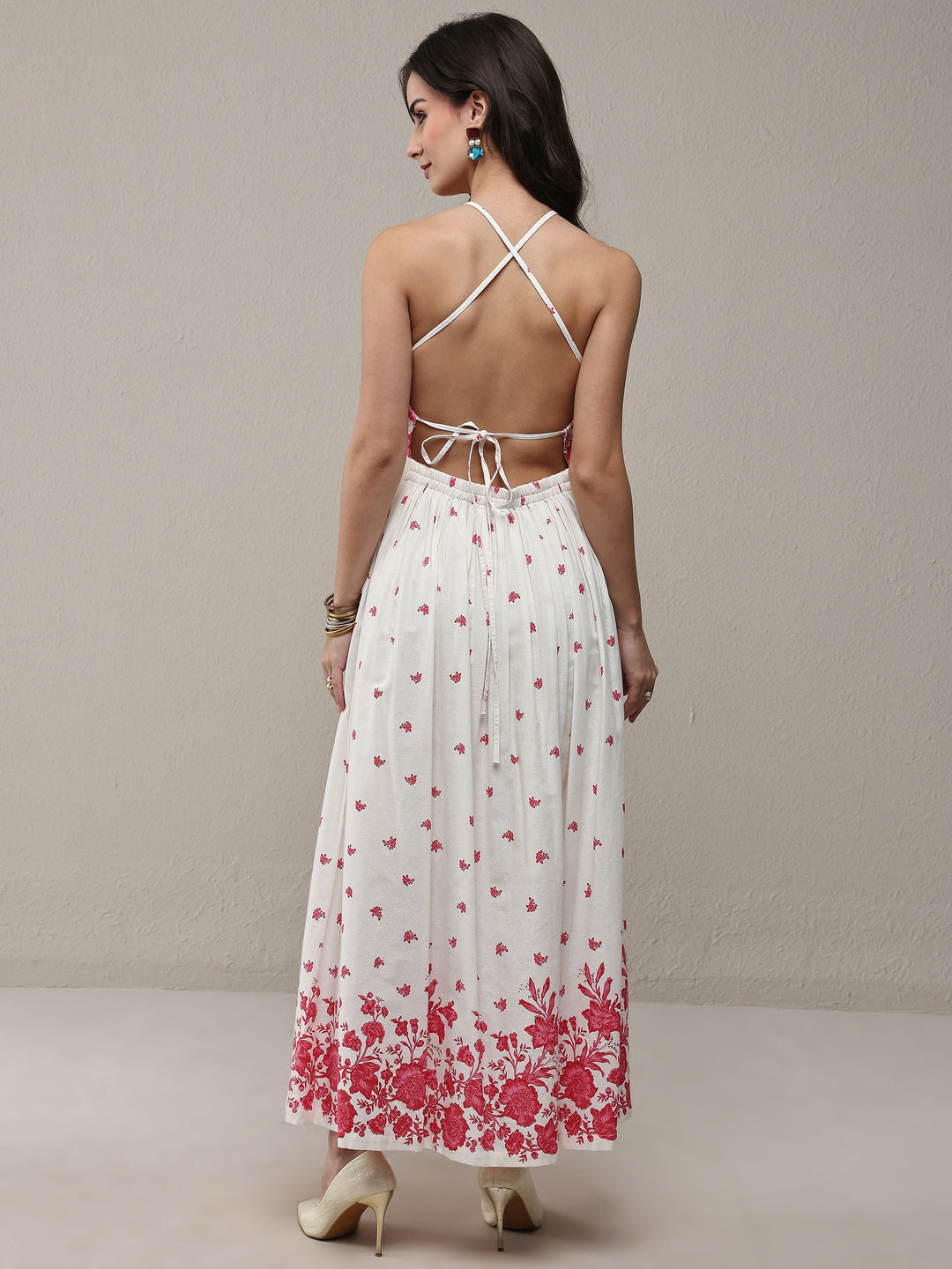  White Floral Printed Cotton Fit-And-Flare One Piece Dress 