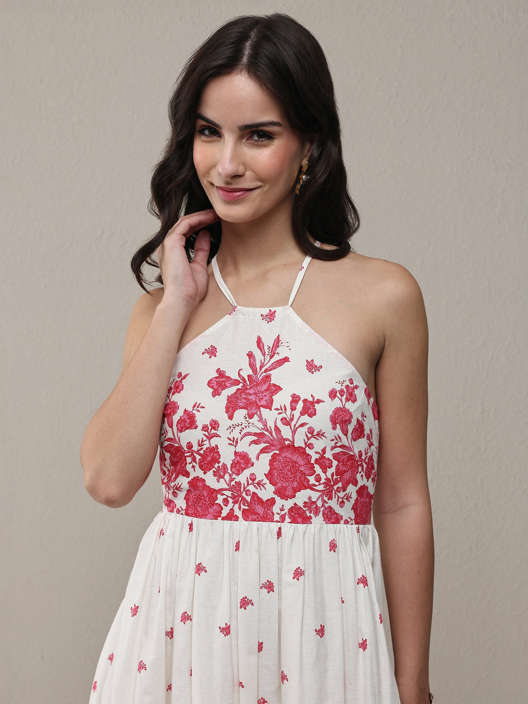  White Floral Printed Cotton Fit-And-Flare One Piece Dress 