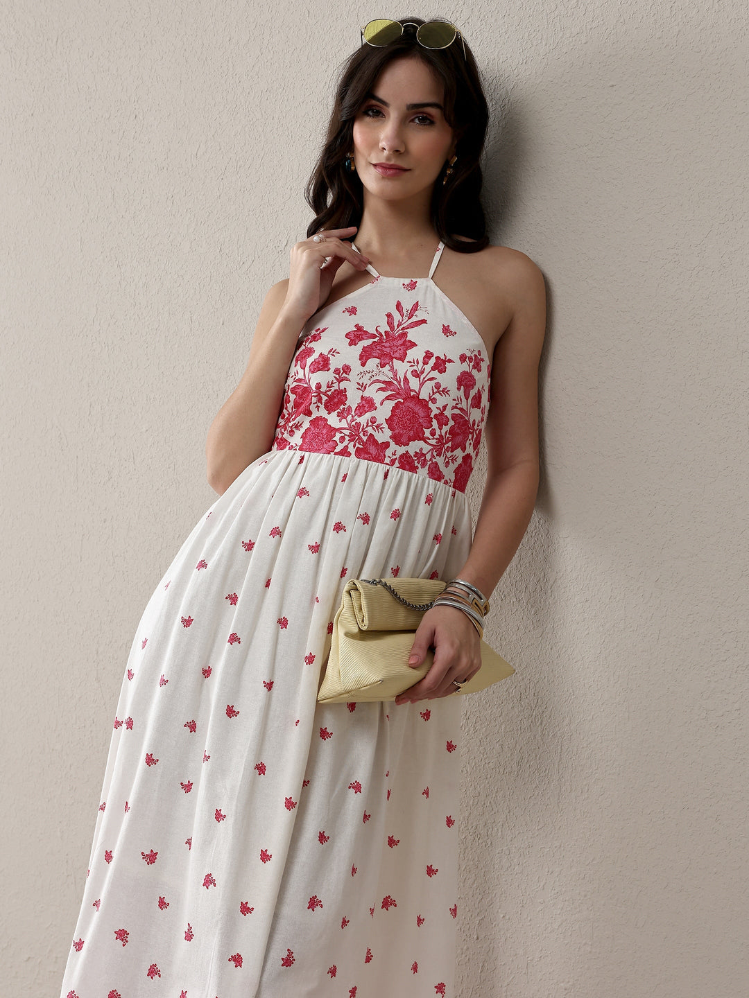  White Floral Printed Cotton Fit-And-Flare One Piece Dress 