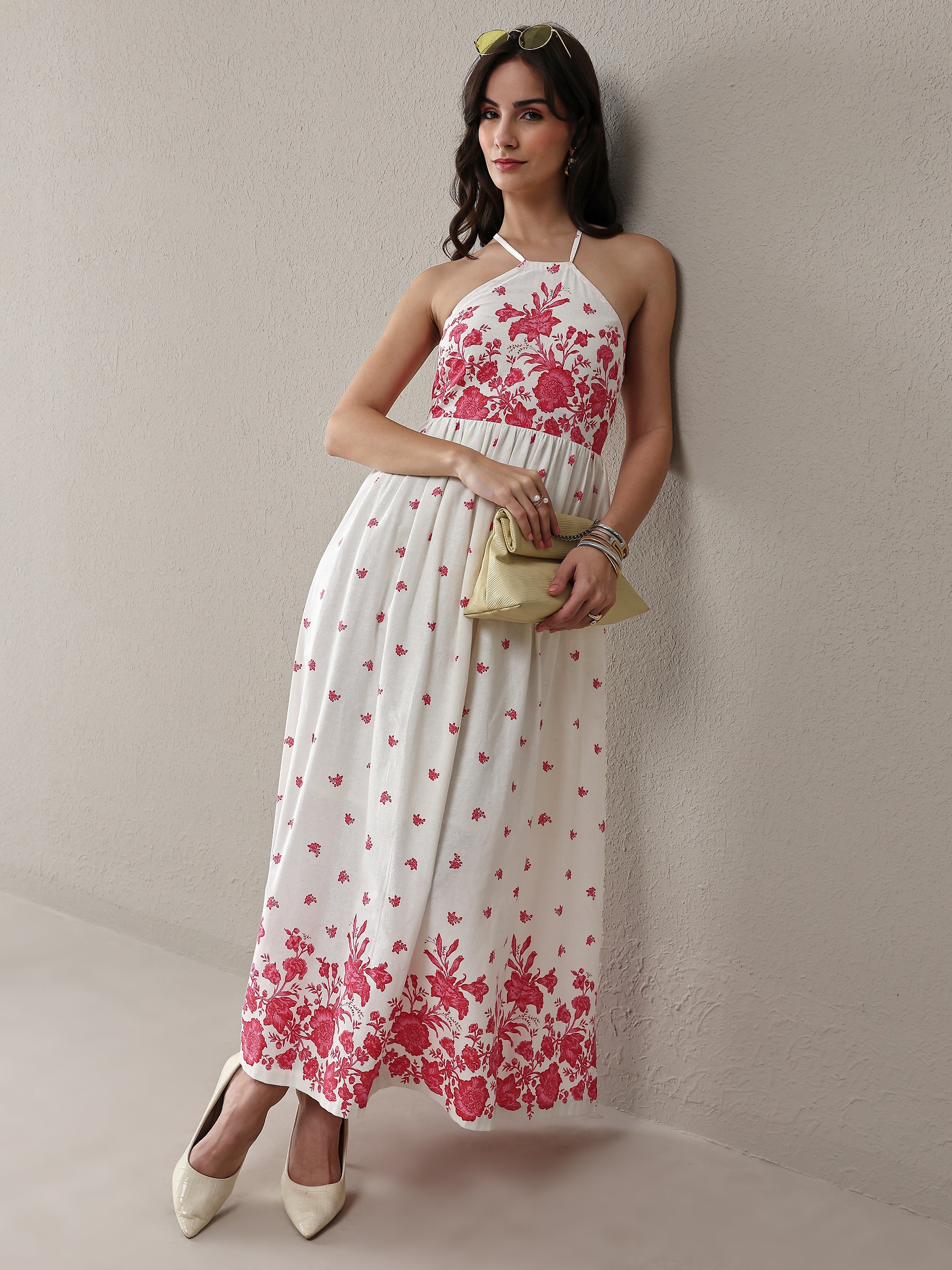 Libas White Floral Printed Cotton Fit-And-Flare One Piece Dress-image-14