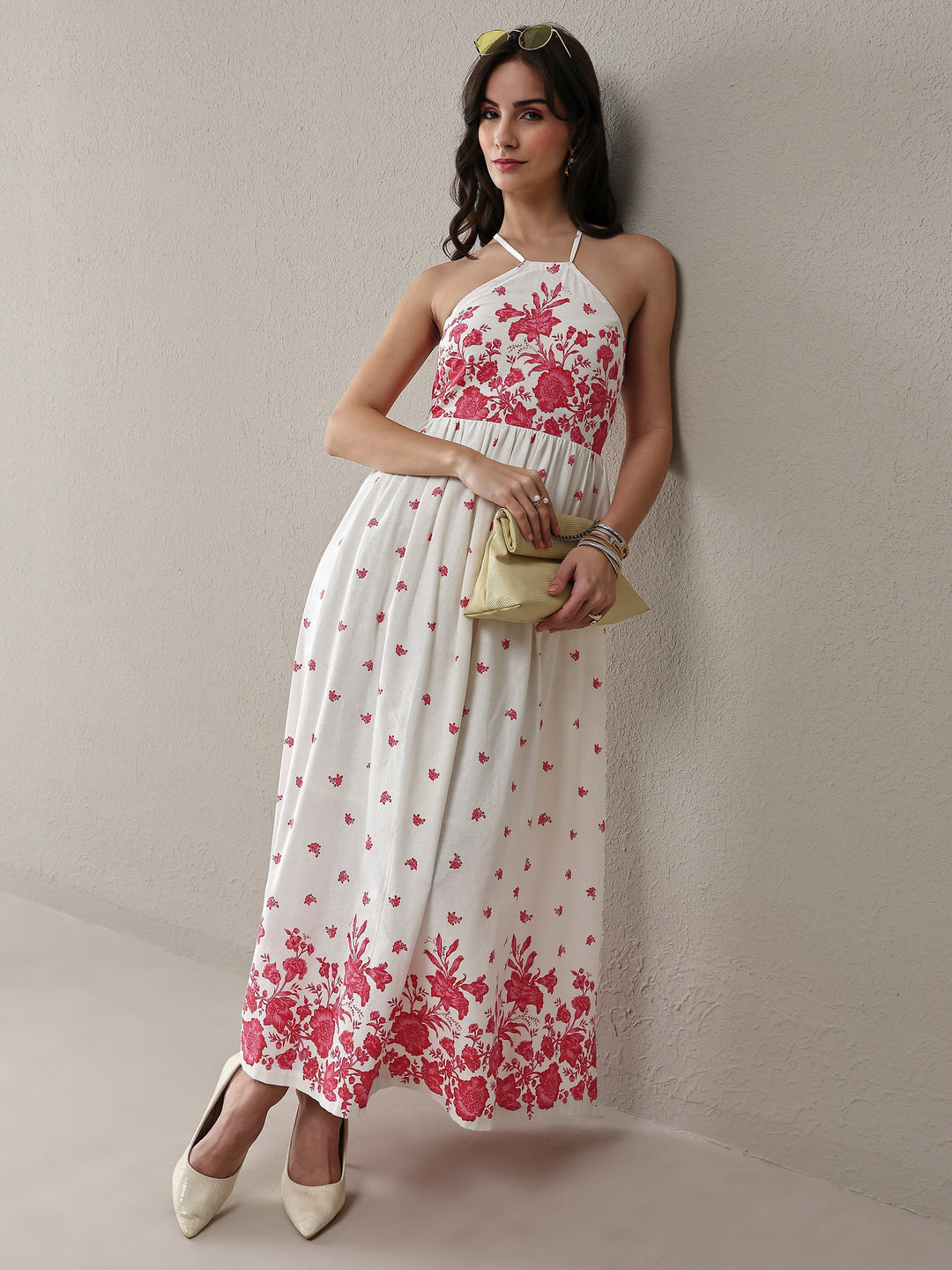  White Floral Printed Cotton Fit-And-Flare One Piece Dress 