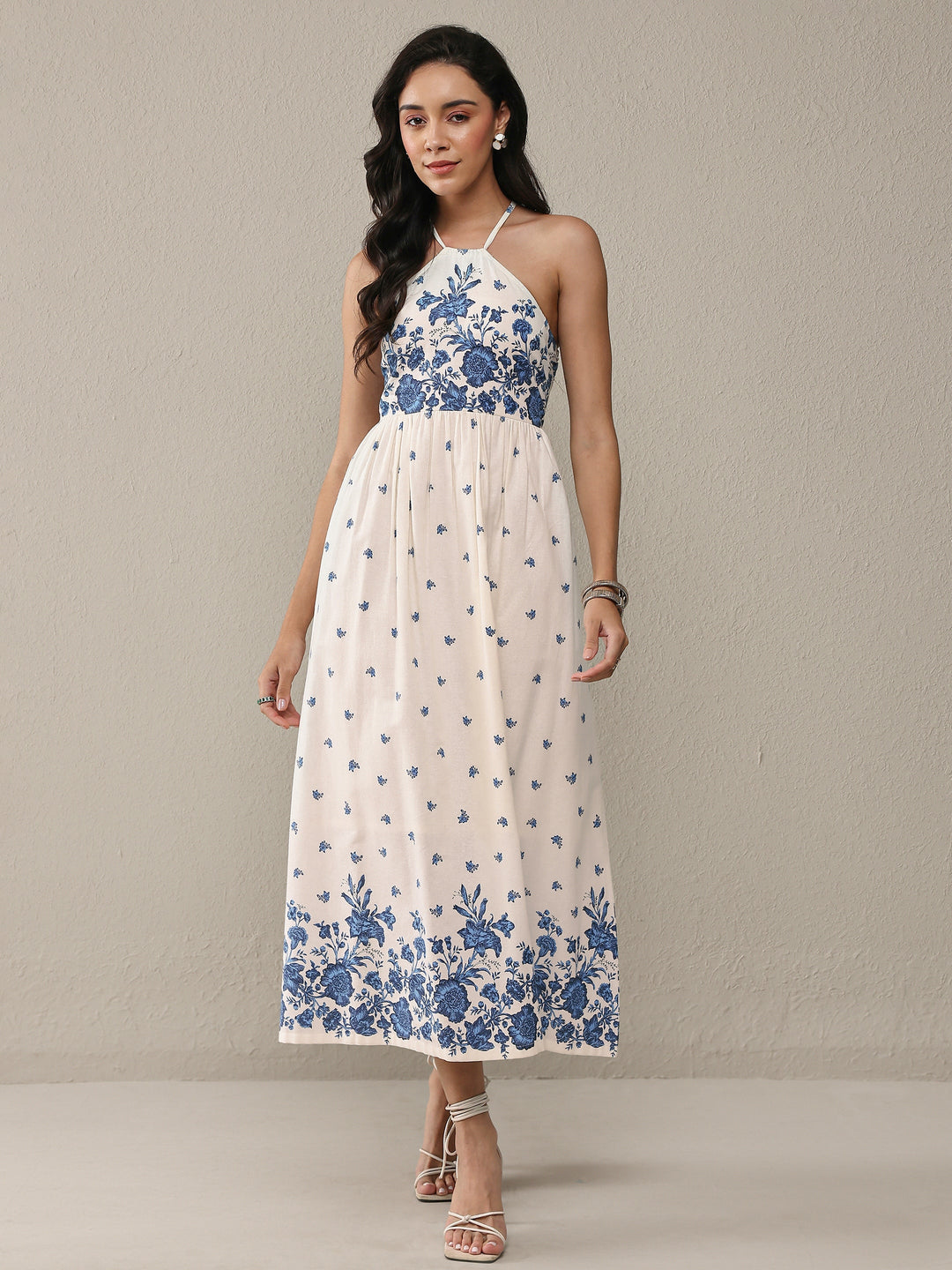  White Floral Printed Cotton Fit-And-Flare One Piece Dress 