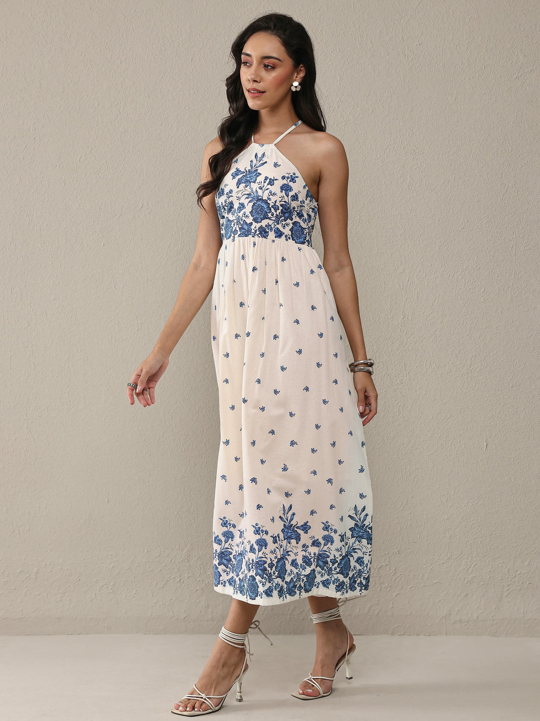  White Floral Printed Cotton Fit-And-Flare One Piece Dress 