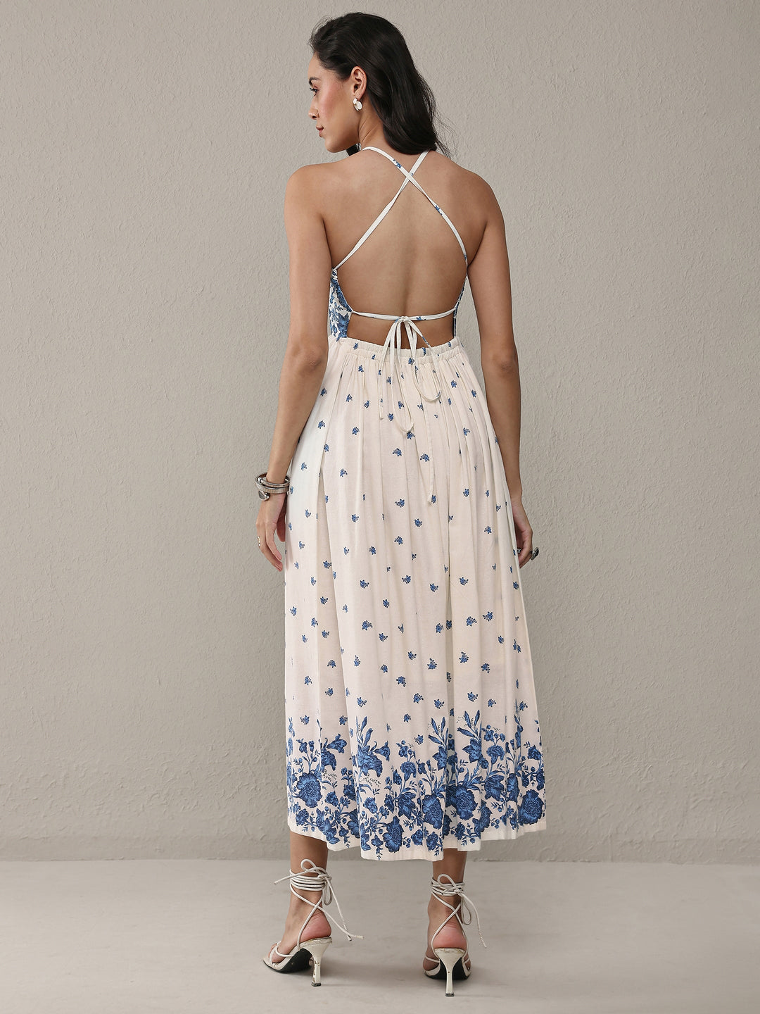  White Floral Printed Cotton Fit-And-Flare One Piece Dress 