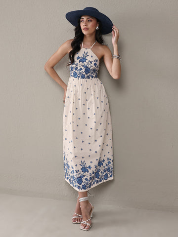 Libas White Floral Printed Cotton Fit-And-Flare One Piece Dress