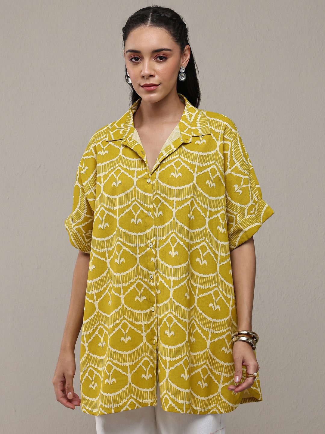  Green Ethnic Motif Printed Cotton Shirt 