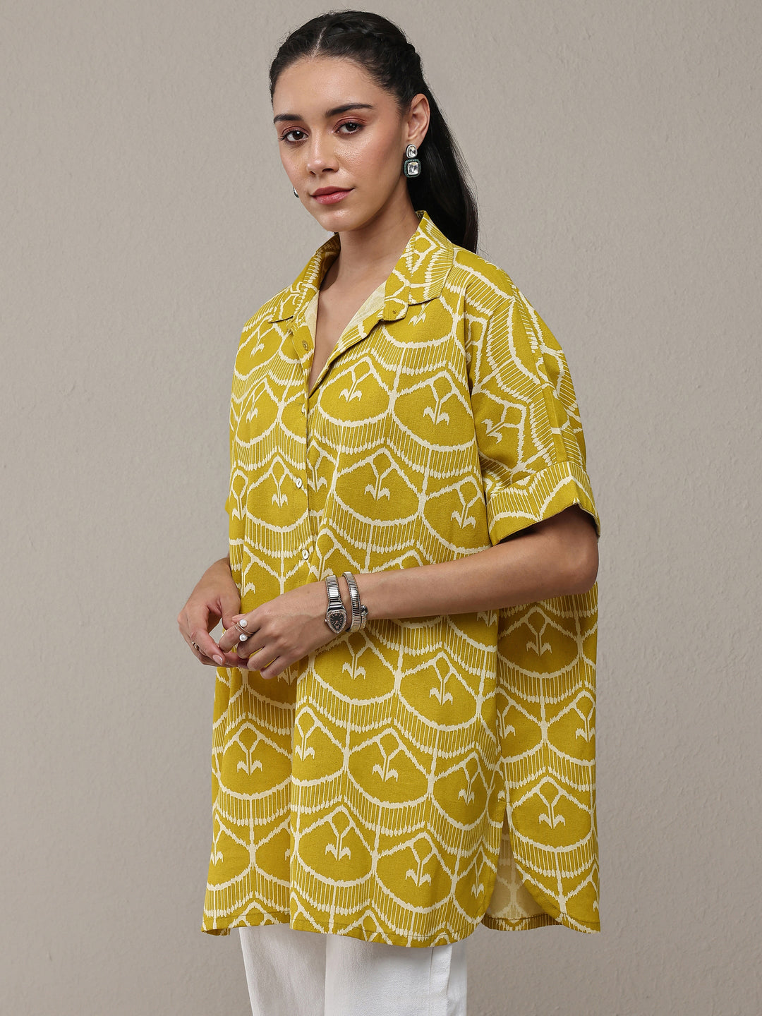 Green Ethnic Motif Printed Cotton Shirt 