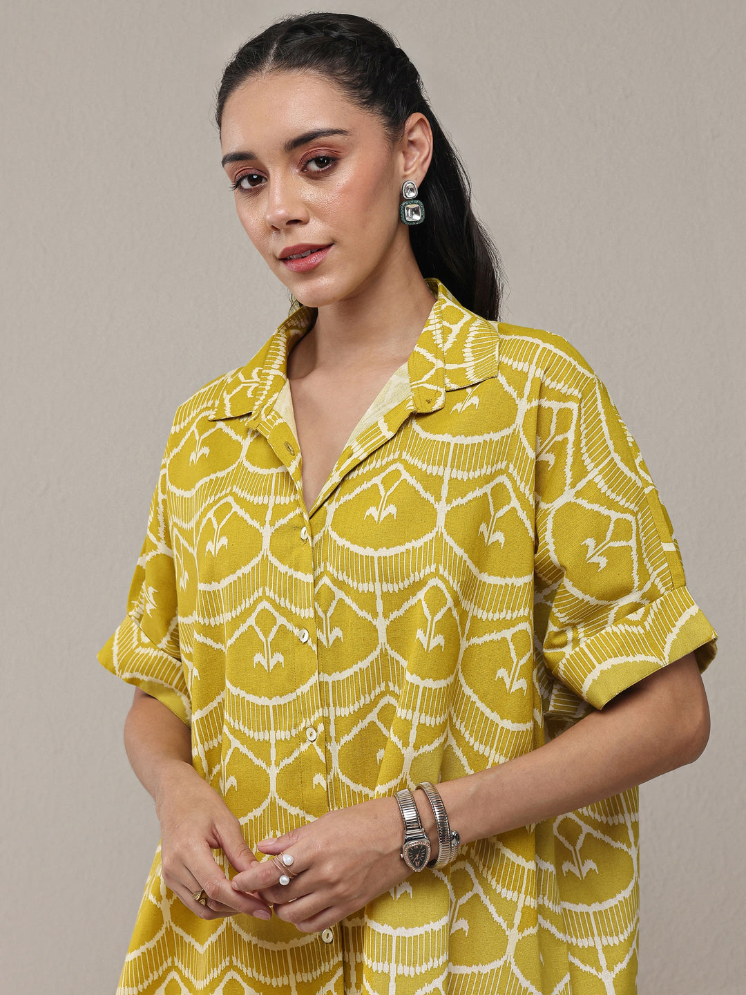 Green Ethnic Motif Printed Cotton Shirt 