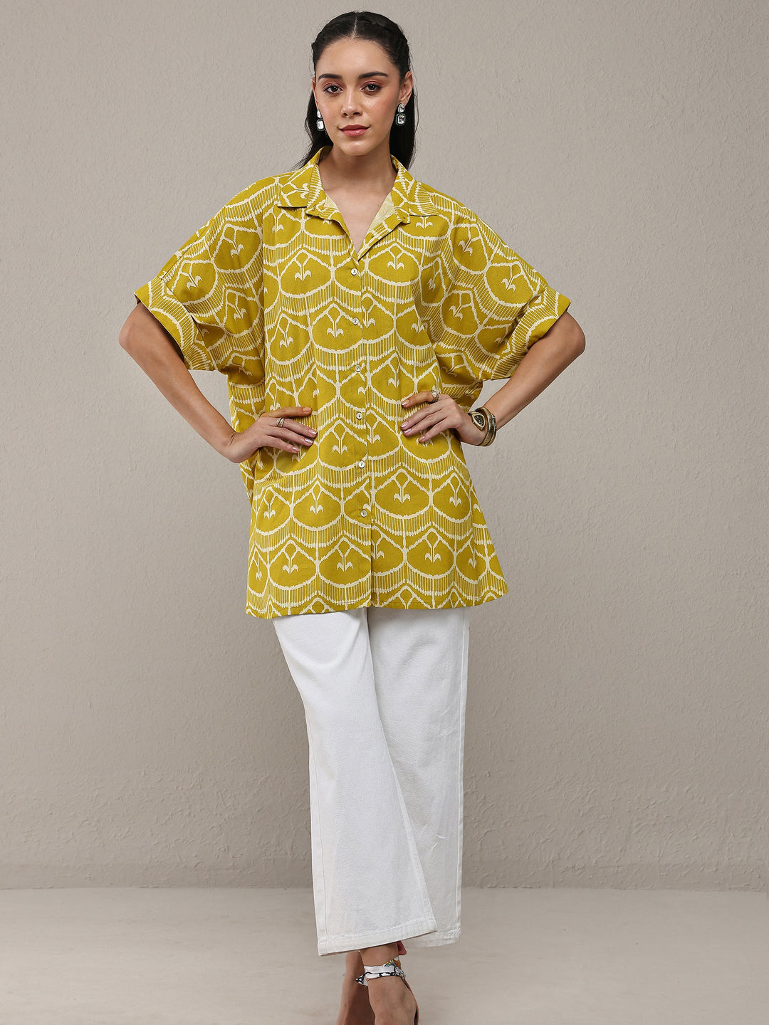  Green Ethnic Motif Printed Cotton Shirt 