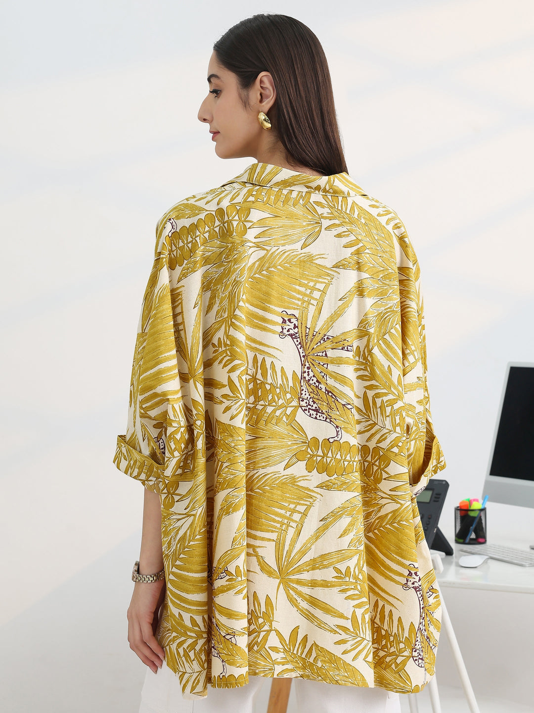  Mustard Printed Cotton A-Line Short Kurti 