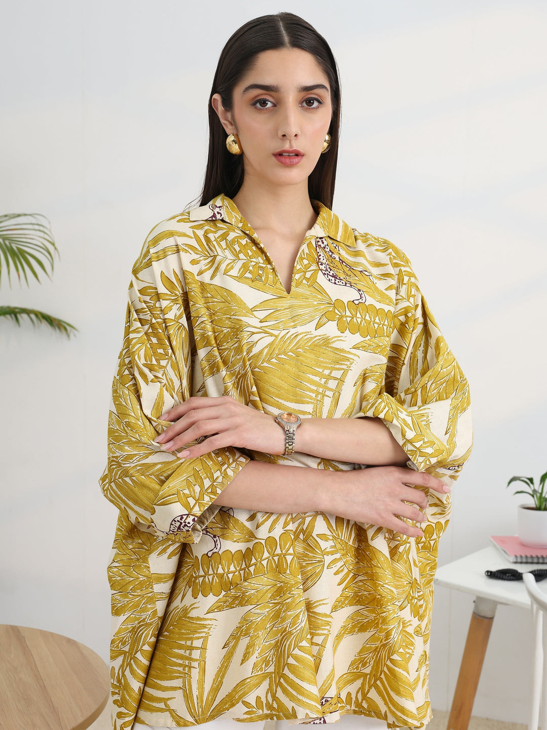  Mustard Printed Cotton A-Line Short Kurti 