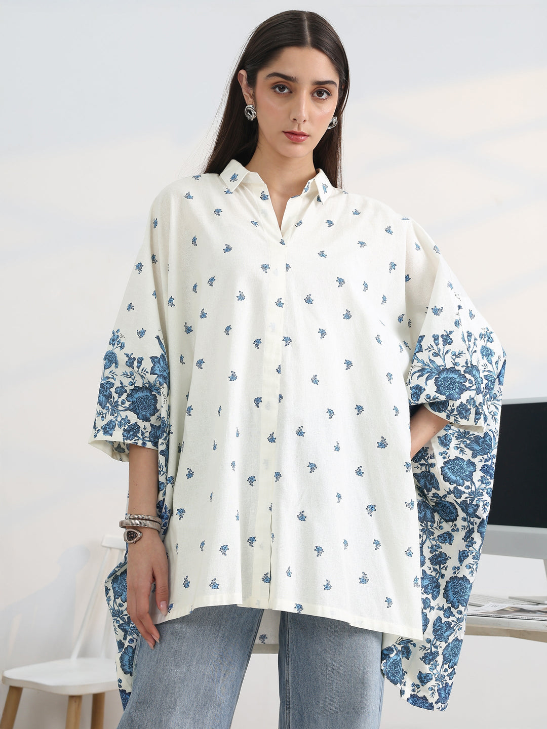  White Printed Cotton A-Line Short Kurti 