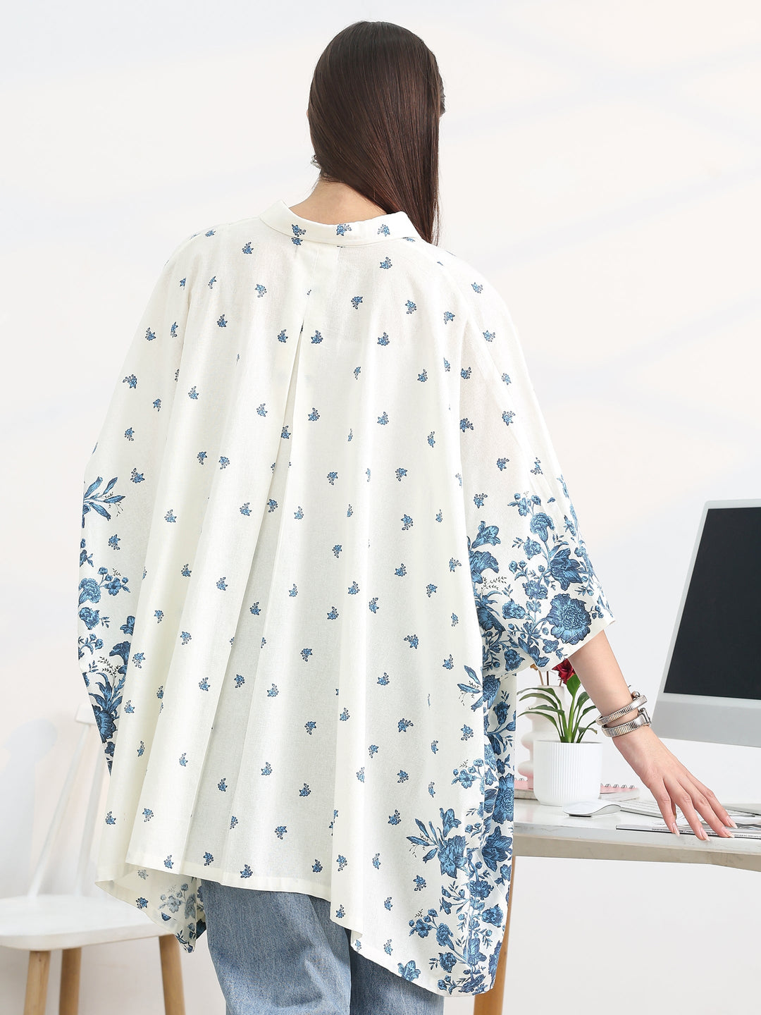  White Printed Cotton A-Line Short Kurti 