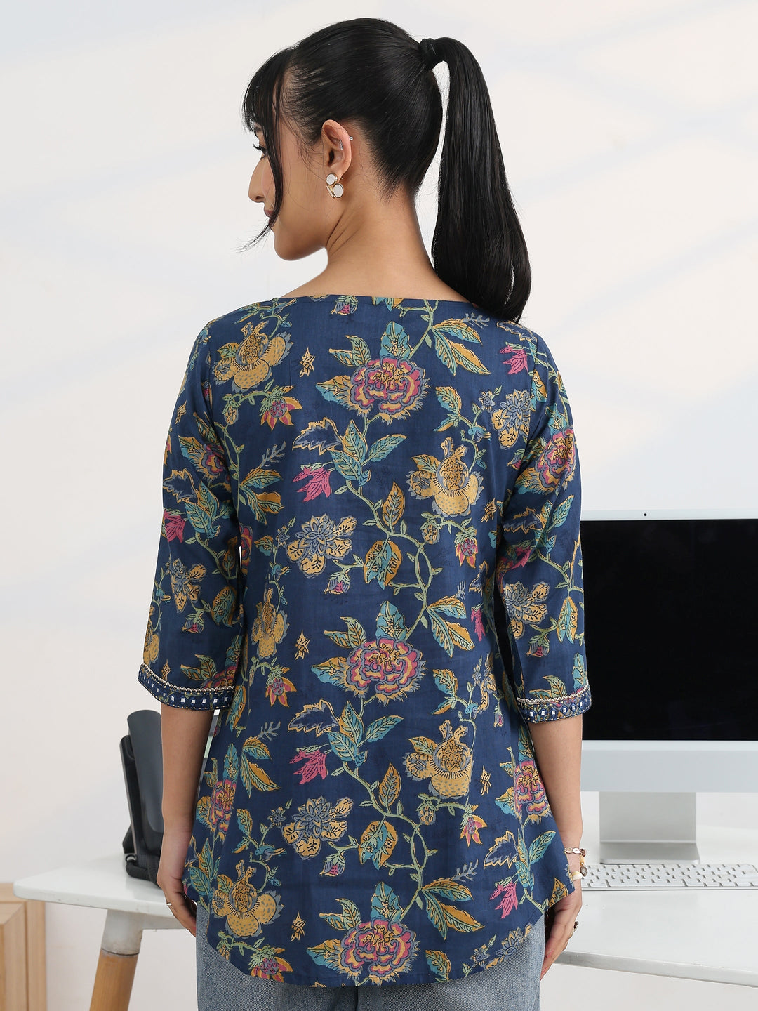  Blue Printed Cotton Straight Short Kurti 