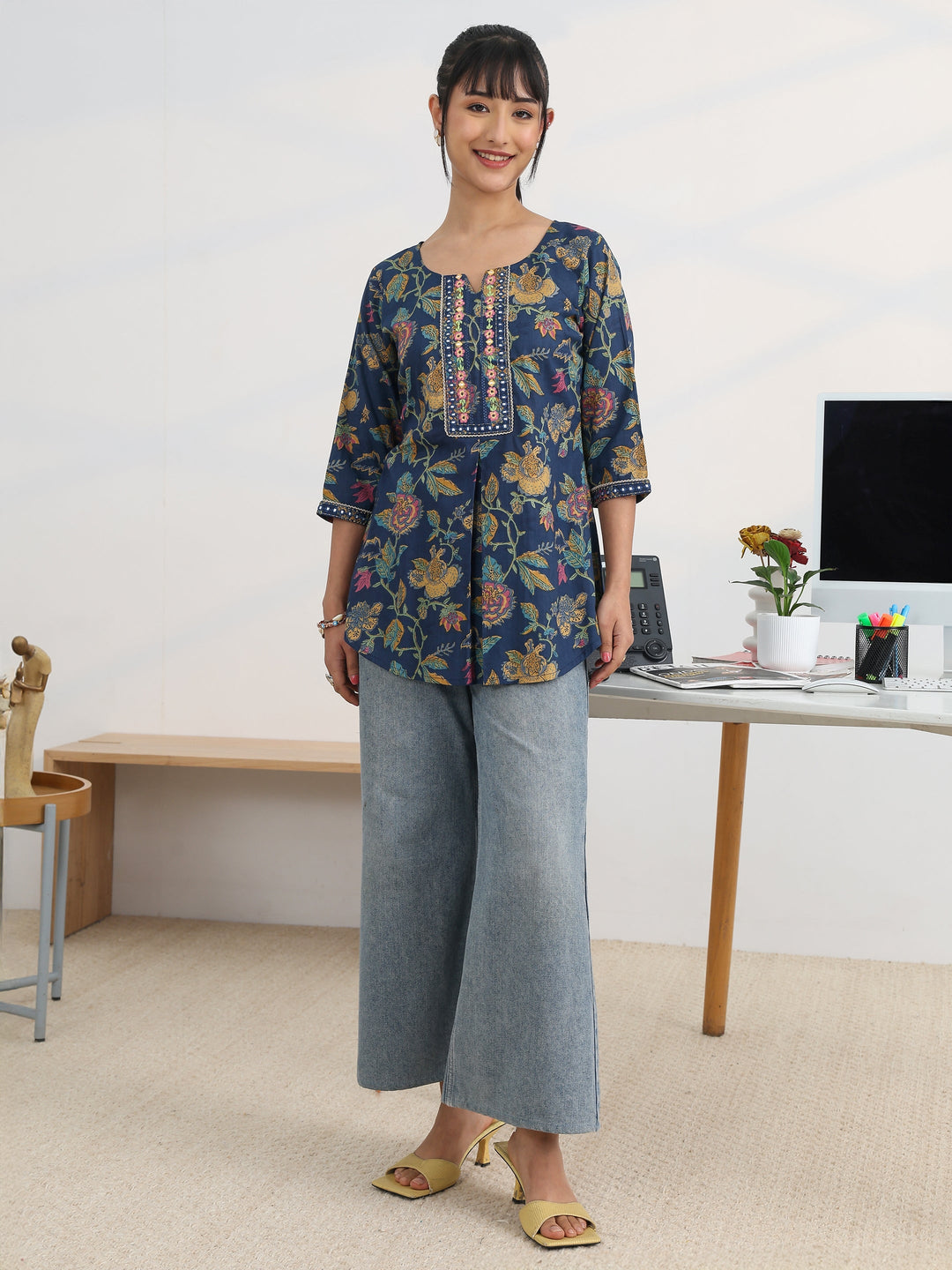  Blue Printed Cotton Straight Short Kurti 